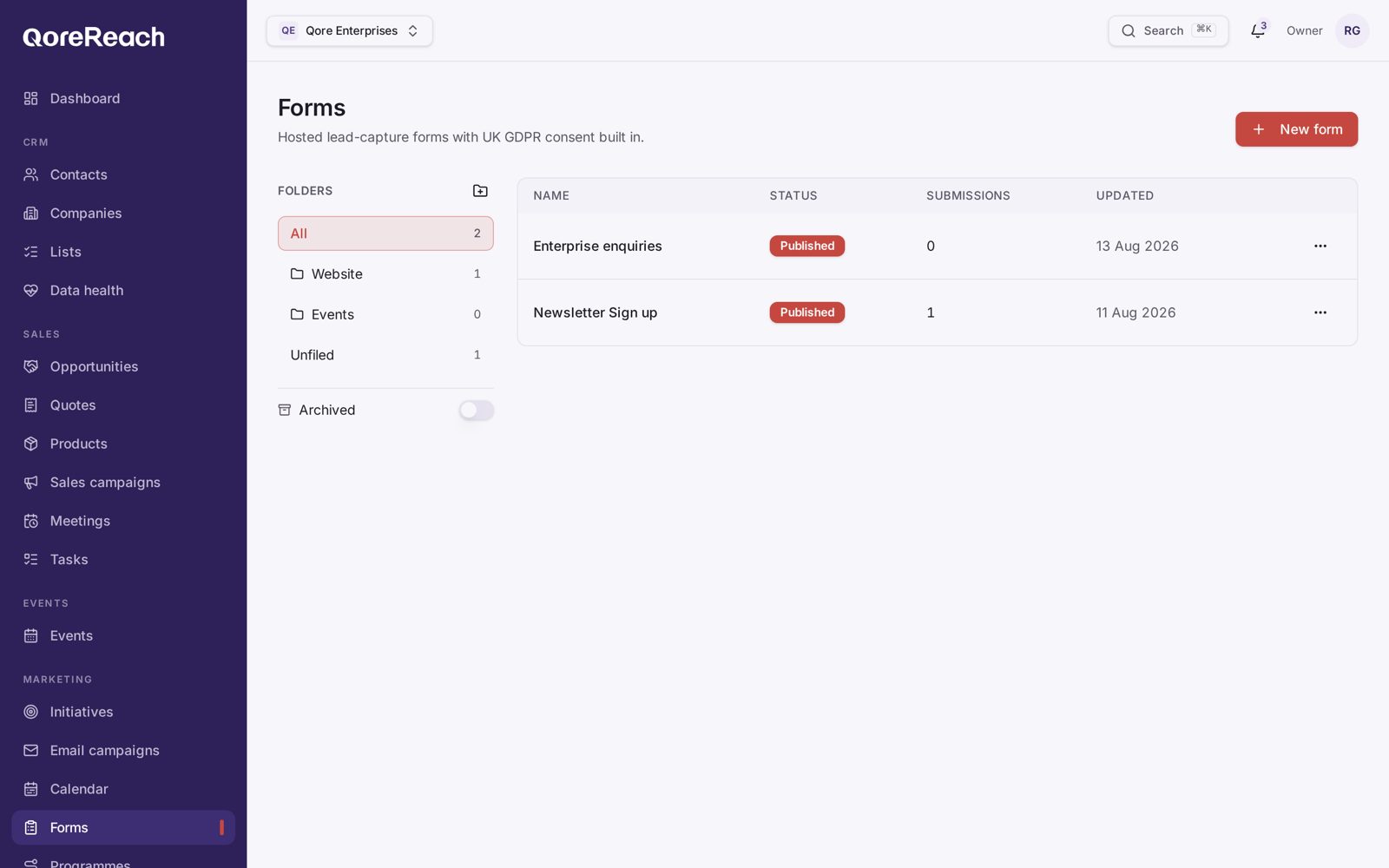 An event registration form built in QoreReach